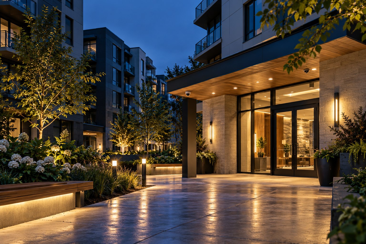 Concept illustration of apartment common areas and an entrance