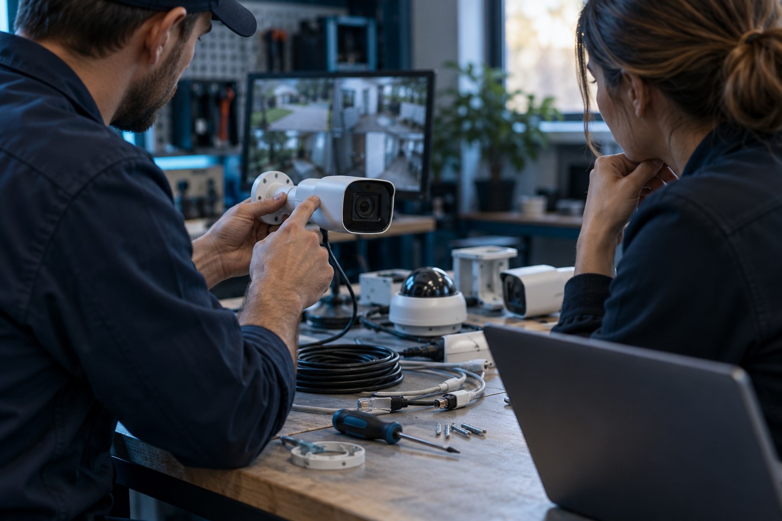 Concept illustration of technical professionals planning a camera installation