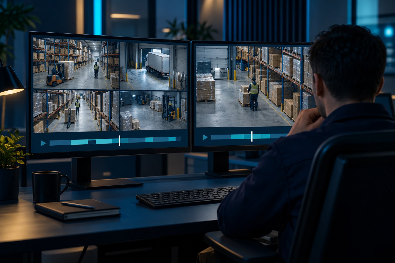 Concept illustration of an operator reviewing recorded footage