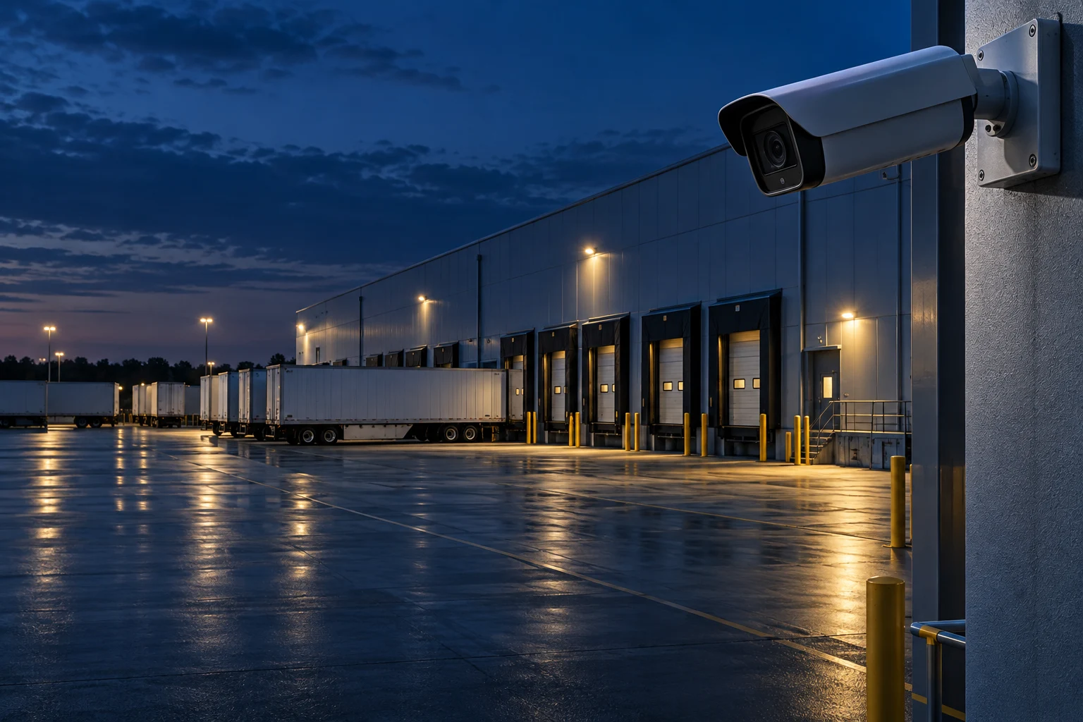 Illustrative blue-hour warehouse with a security camera